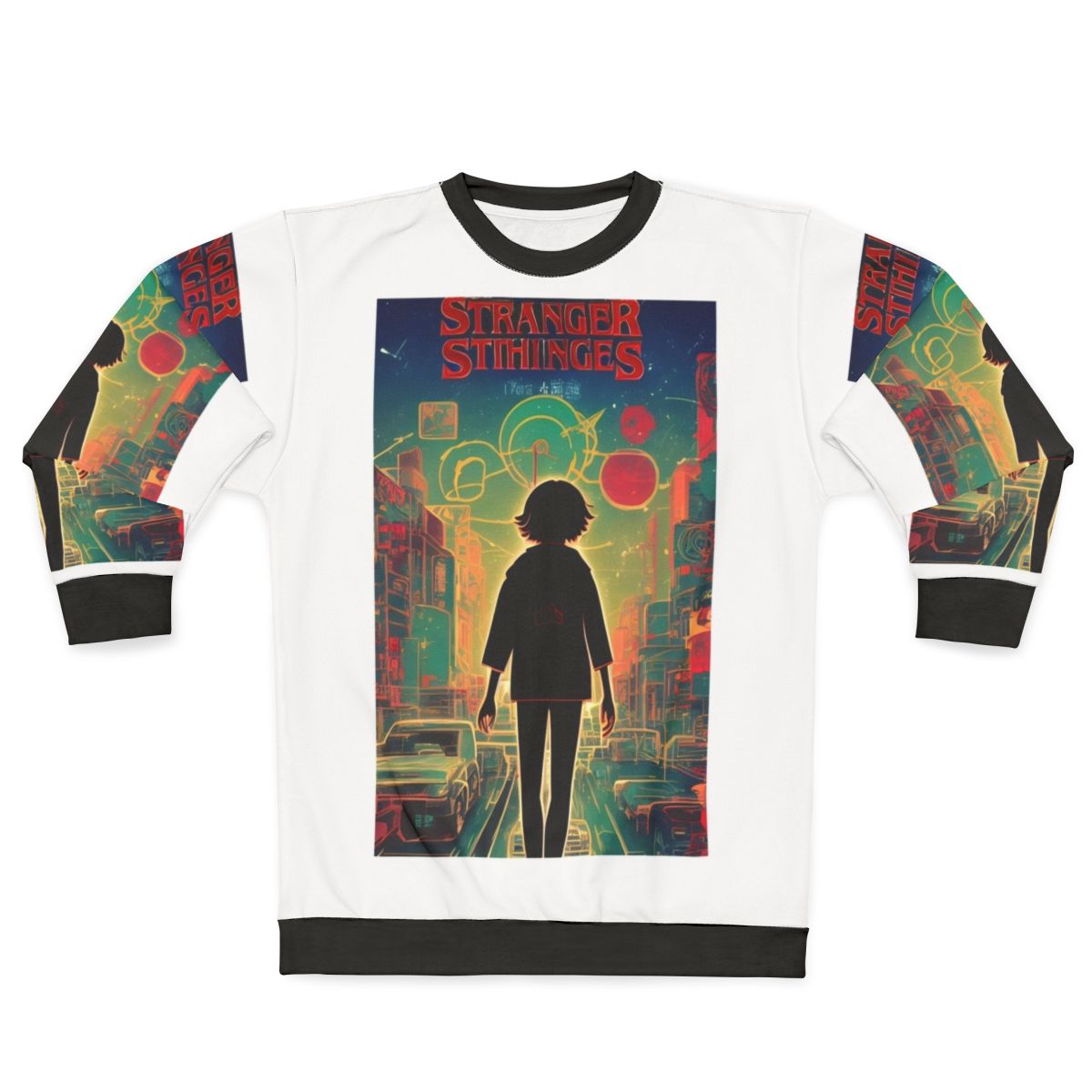 Stranger Things themed sweatshirt featuring characters and imagery from the popular Netflix series