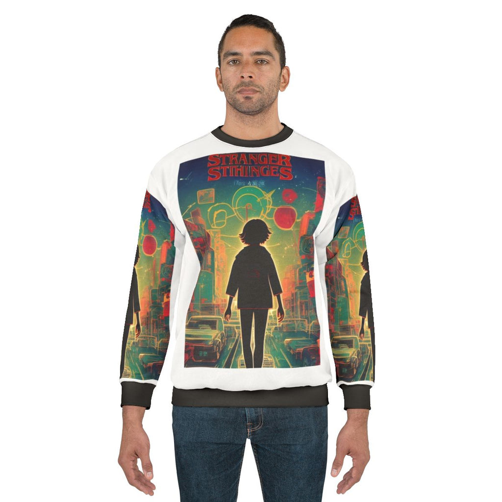 Stranger Things themed sweatshirt featuring characters and imagery from the popular Netflix series