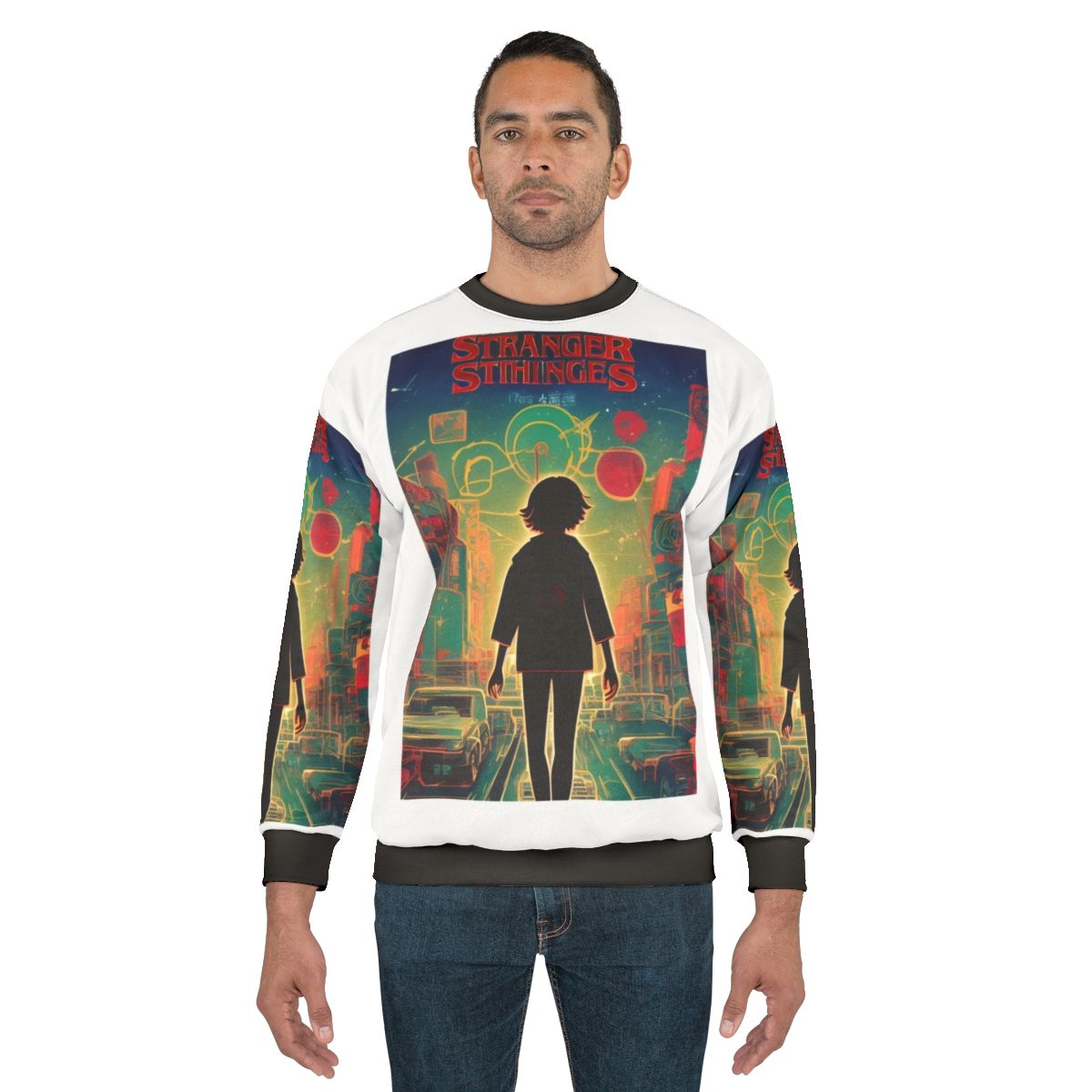 Stranger Things themed sweatshirt featuring characters and imagery from the popular Netflix series