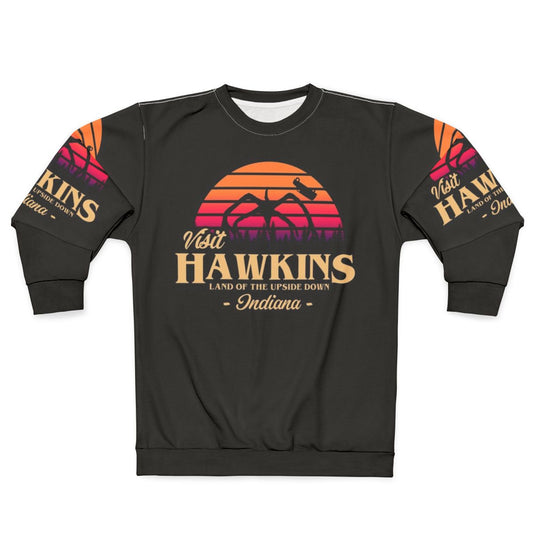 Vintage-style Stranger Things sweatshirt with Hawkins, Indiana graphic