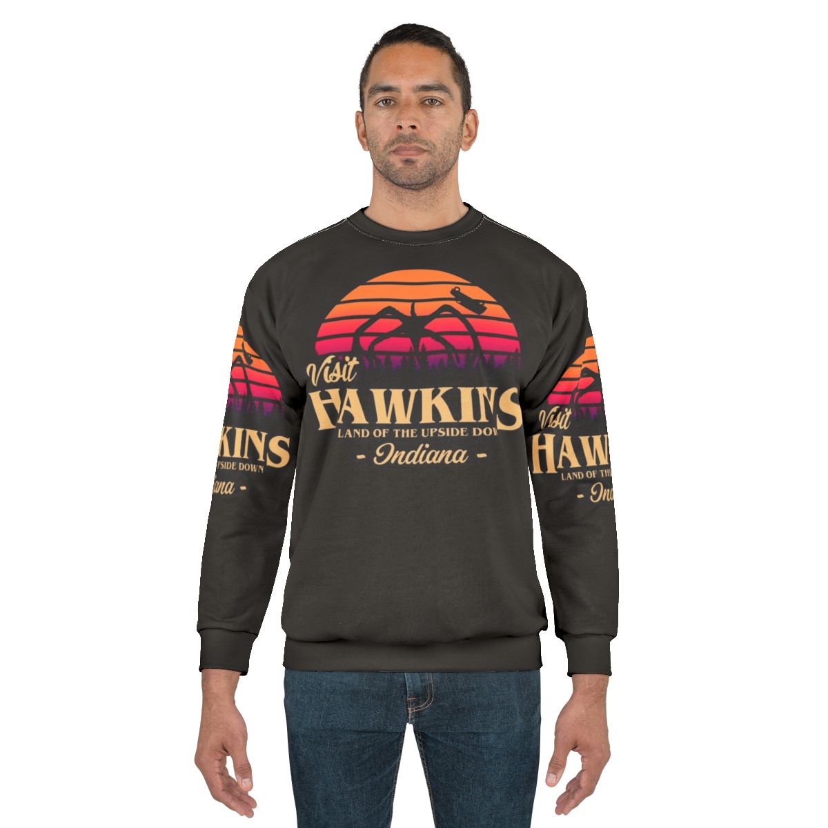 Vintage-style Stranger Things sweatshirt with Hawkins, Indiana graphic