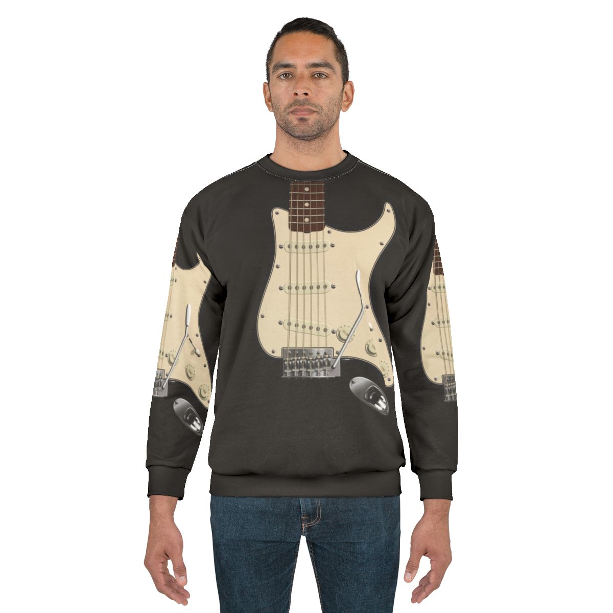 Fender Stratocaster digital art graphic on a gray sweatshirt