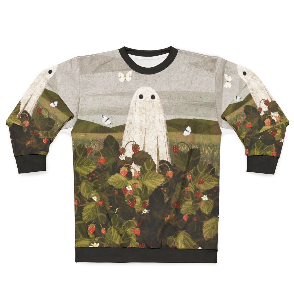 Strawberry Fields ghostly sweatshirt with haunting floral design