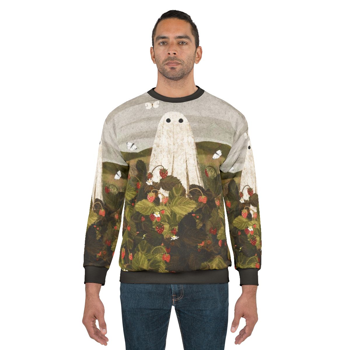 Strawberry Fields ghostly sweatshirt with haunting floral design