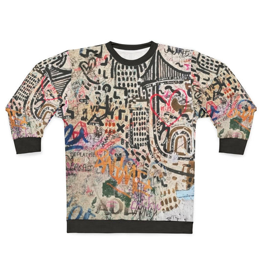 Street art inspired sweatshirt featuring Banksy-style graffiti design