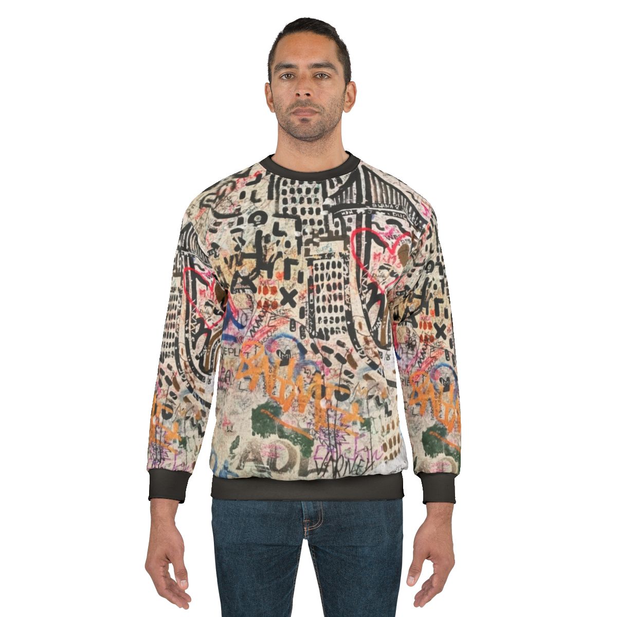 Street art inspired sweatshirt featuring Banksy-style graffiti design