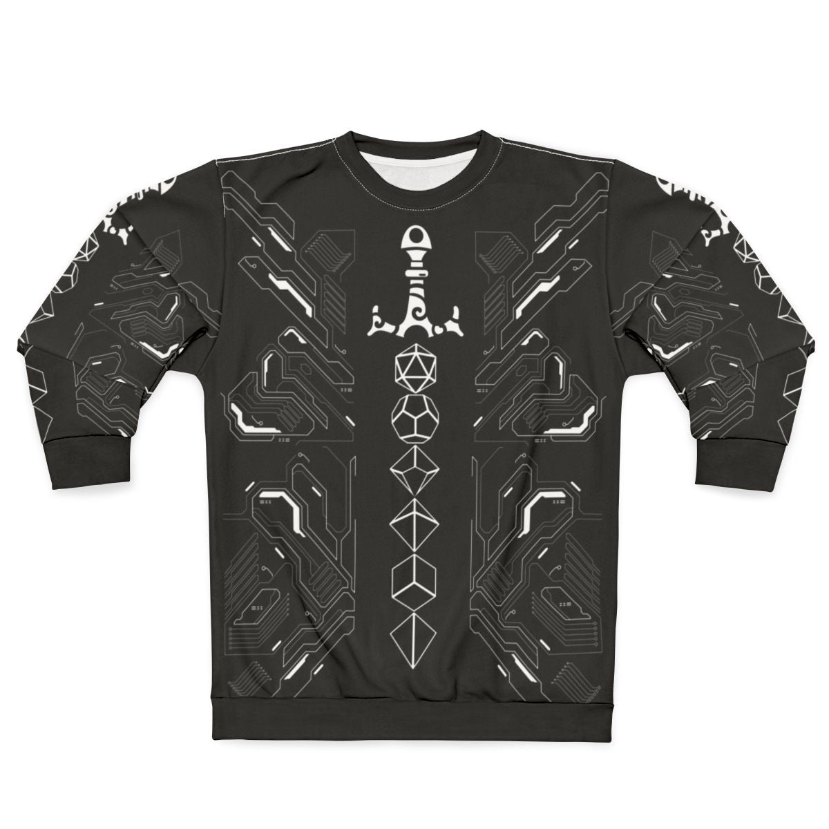 Futuristic Dungeons & Dragons polyhedral dice and sword design sweatshirt