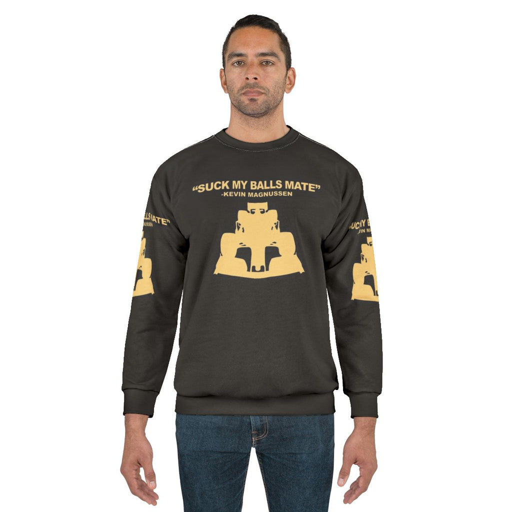 Formula 1 motorsports sweatshirt with "Suck My Balls Mate" text