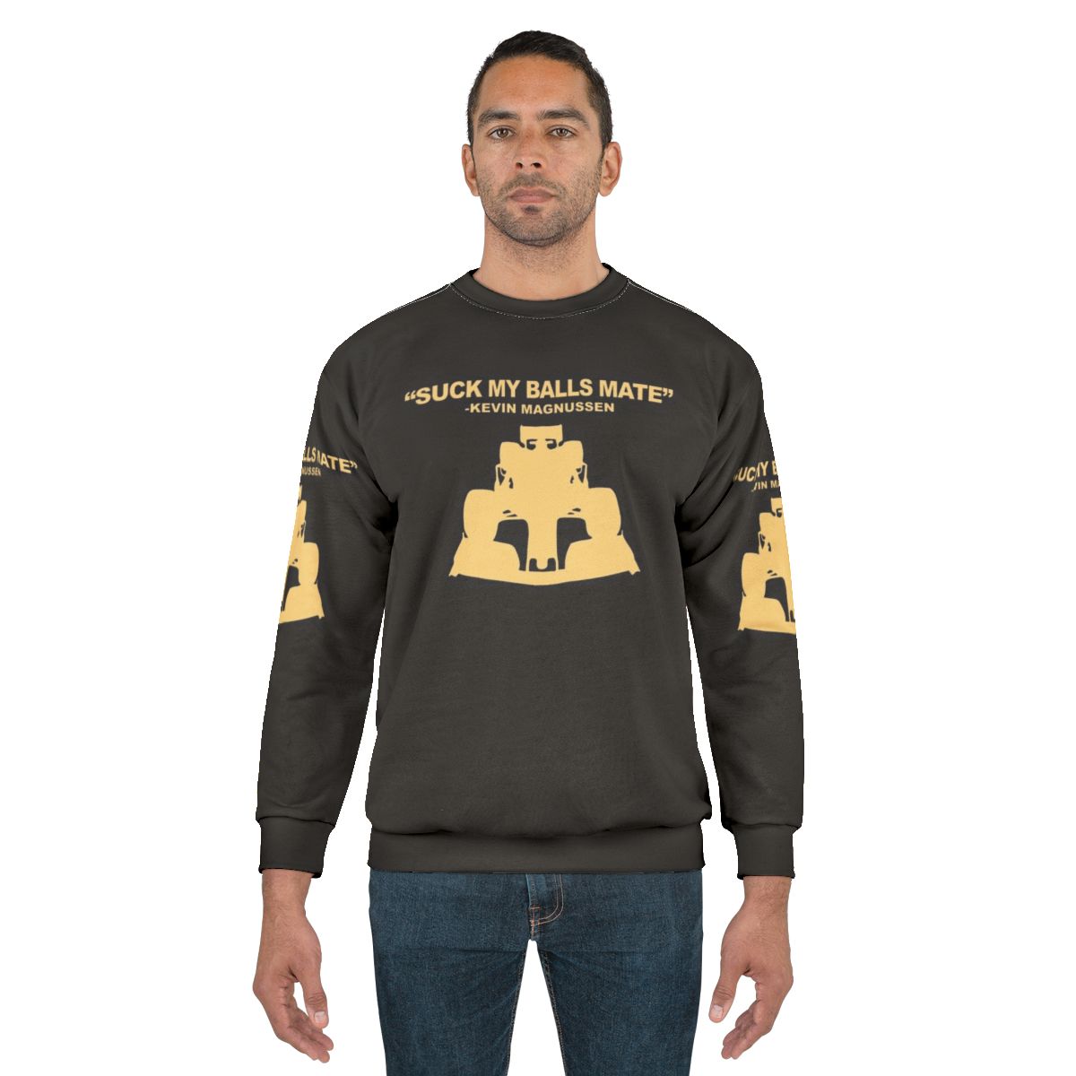 Formula 1 motorsports sweatshirt with "Suck My Balls Mate" text