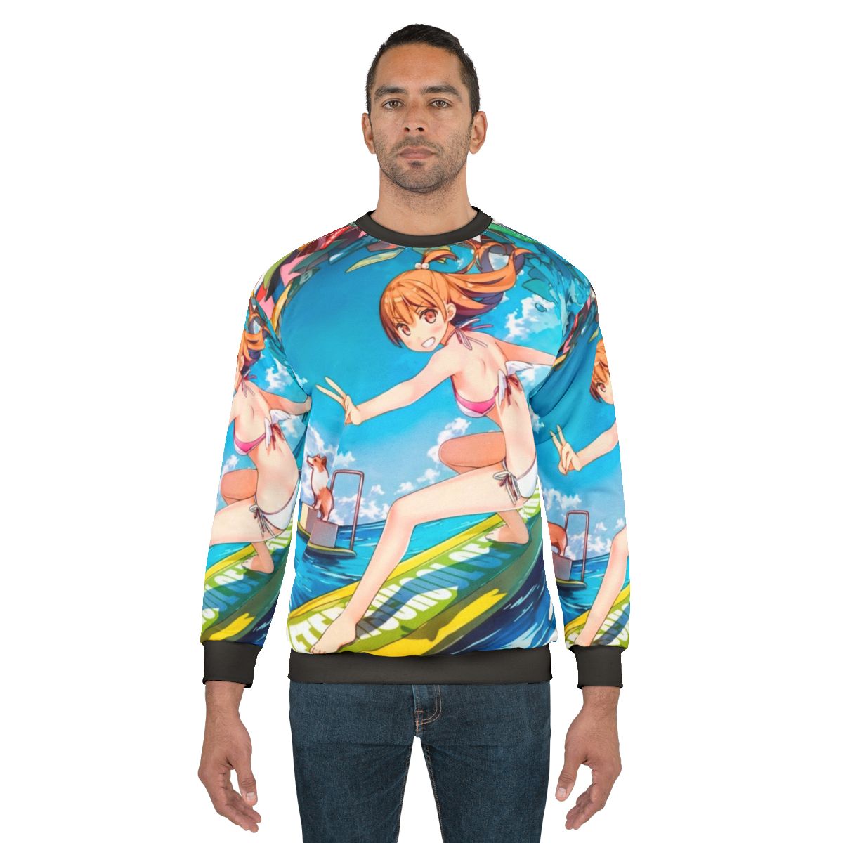 Summer surfing sweatshirt with ocean and beach graphics