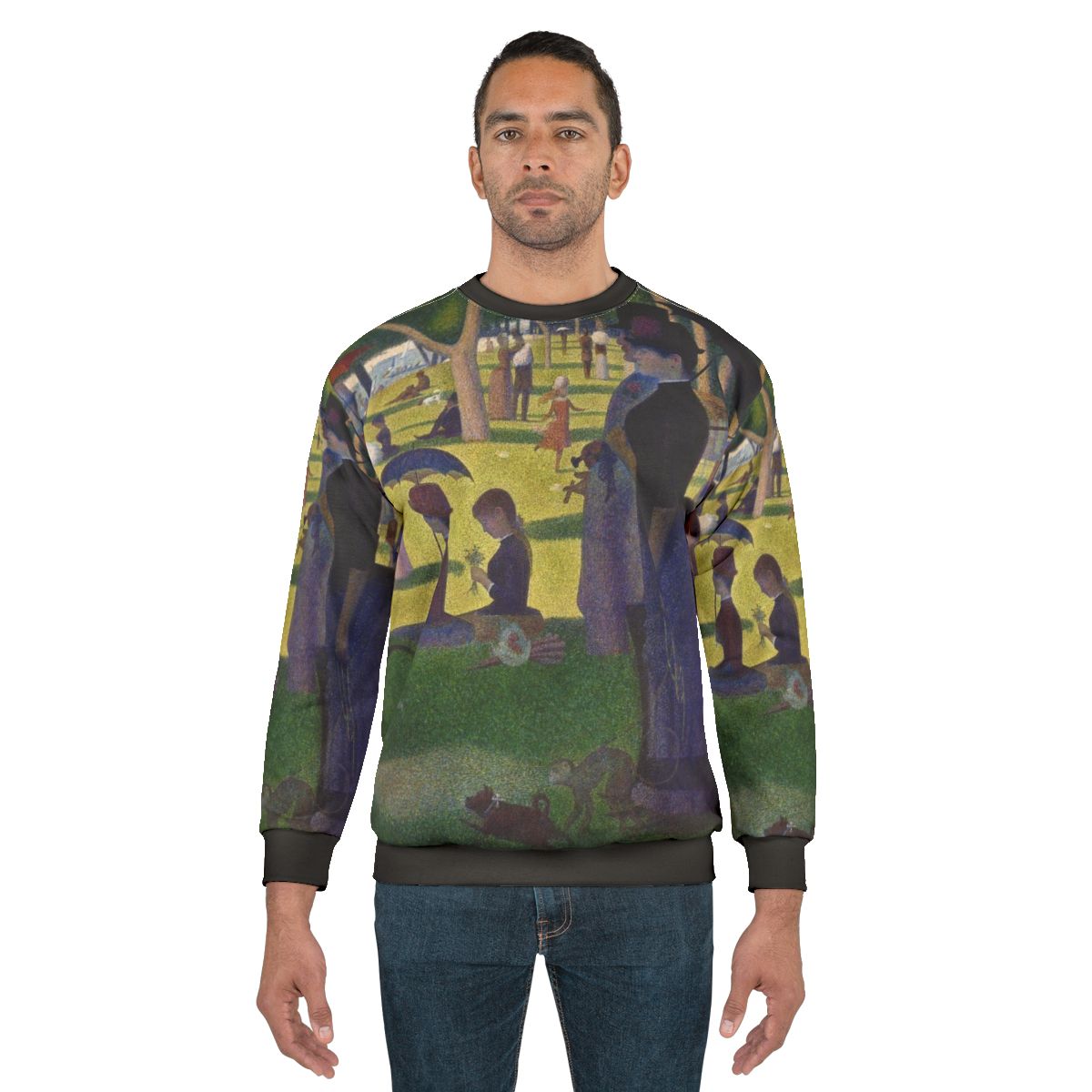 Sweatshirt featuring pointillist art inspired by Georges Seurat's Sunday Afternoon on La Grande Jatte