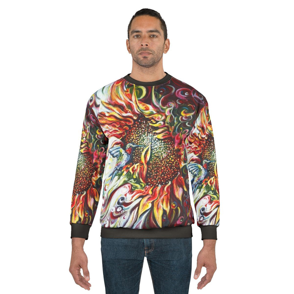 Colorful sunflowers and hummingbird nature sweatshirt