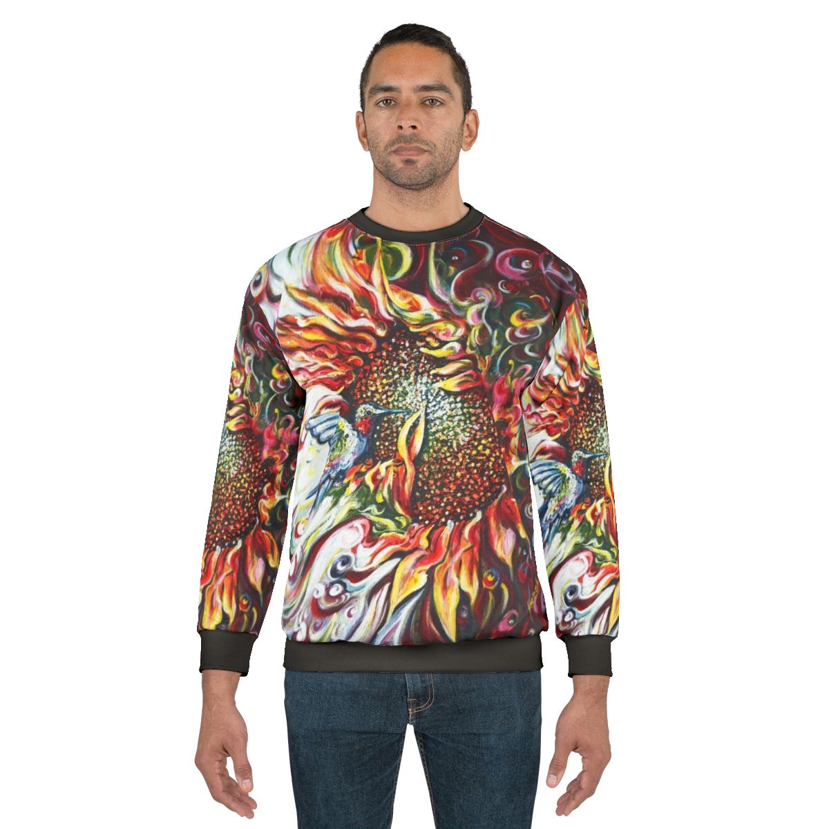 Colorful sunflowers and hummingbird nature sweatshirt