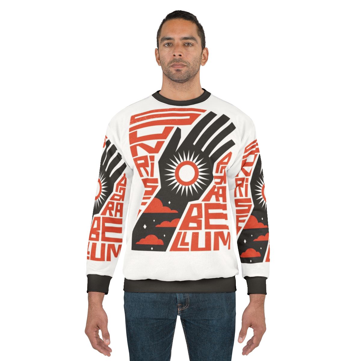 Sunrise Parabellum Sweatshirt featuring a portrait of Kim Kitsuragi from the game Disco Elysium