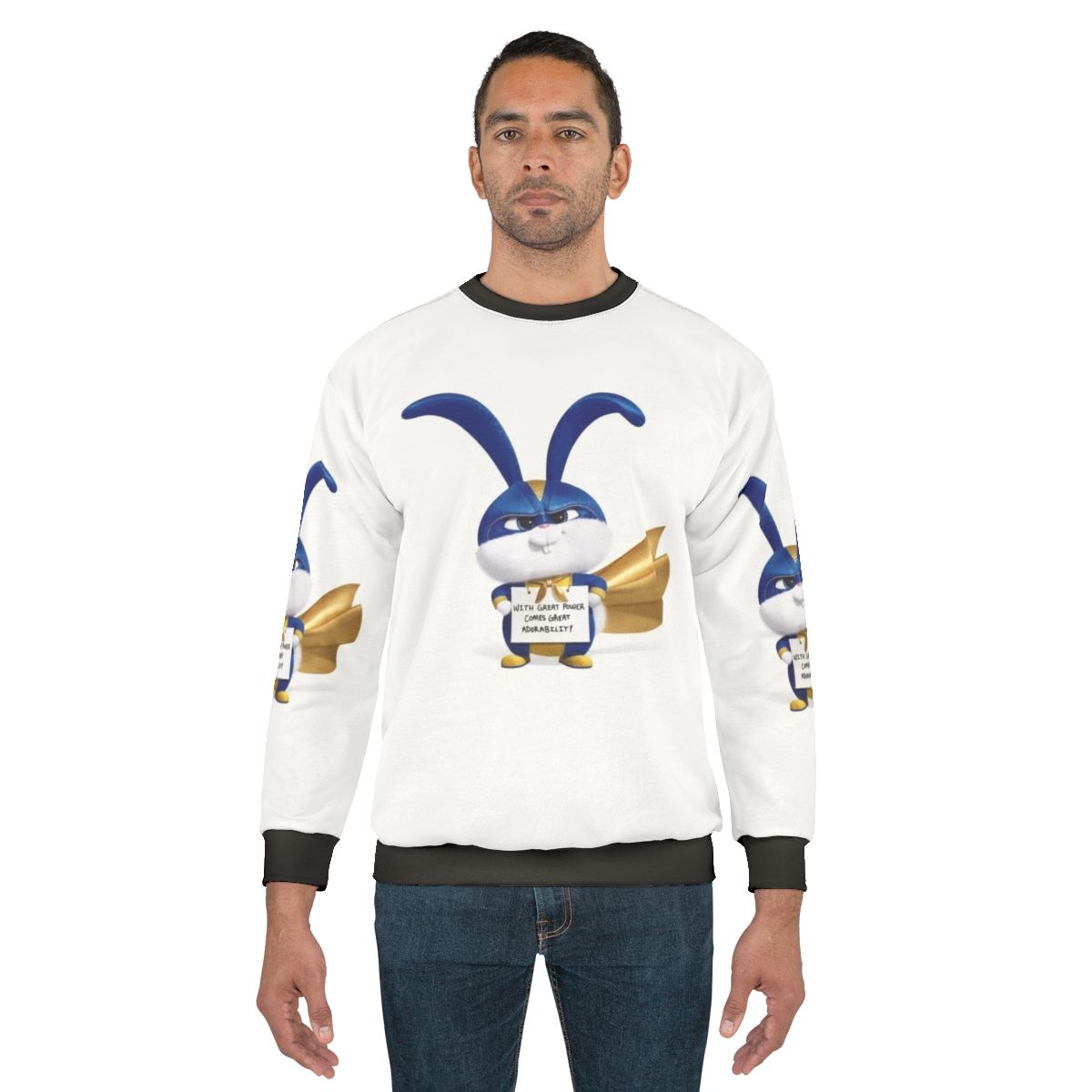 Cozy super snowball sweatshirt with cute bunny and superhero design