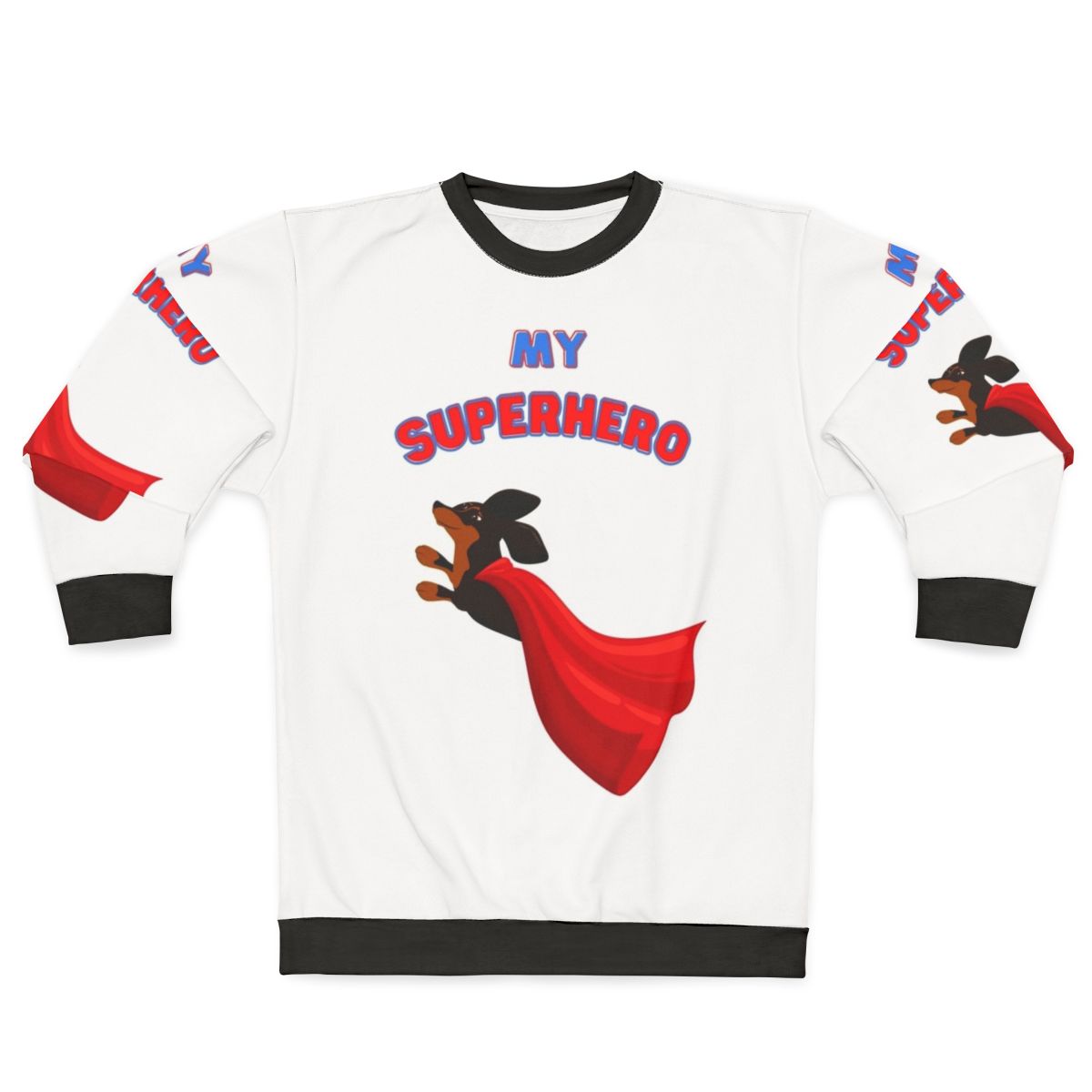 Dachshund wearing a superhero sweatshirt