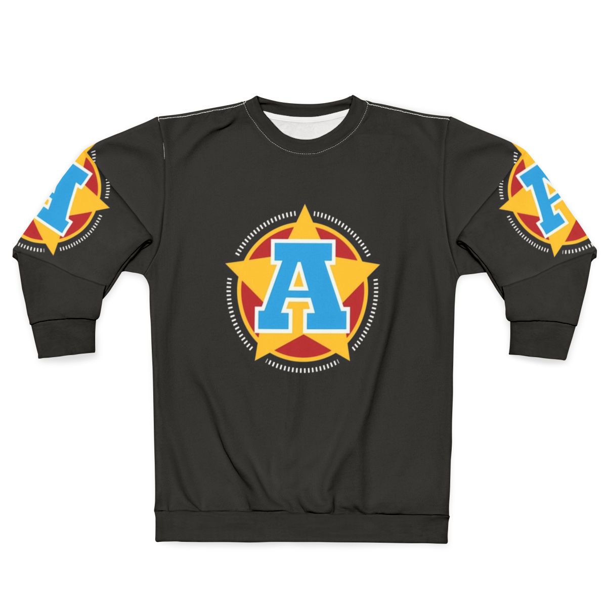 Patriotic superhero sweatshirt with letter A insignia and star and stripes design