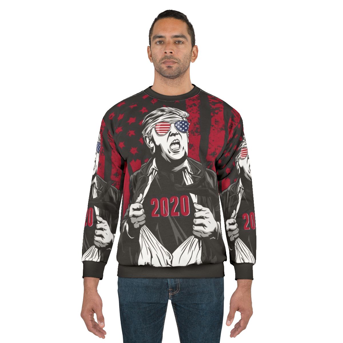 Superhero Trump 2020 Sweatshirt with bald eagle and American flag design