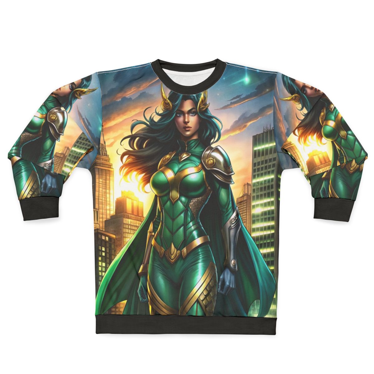 Empowered superhero woman in emerald armor standing in front of city skyline