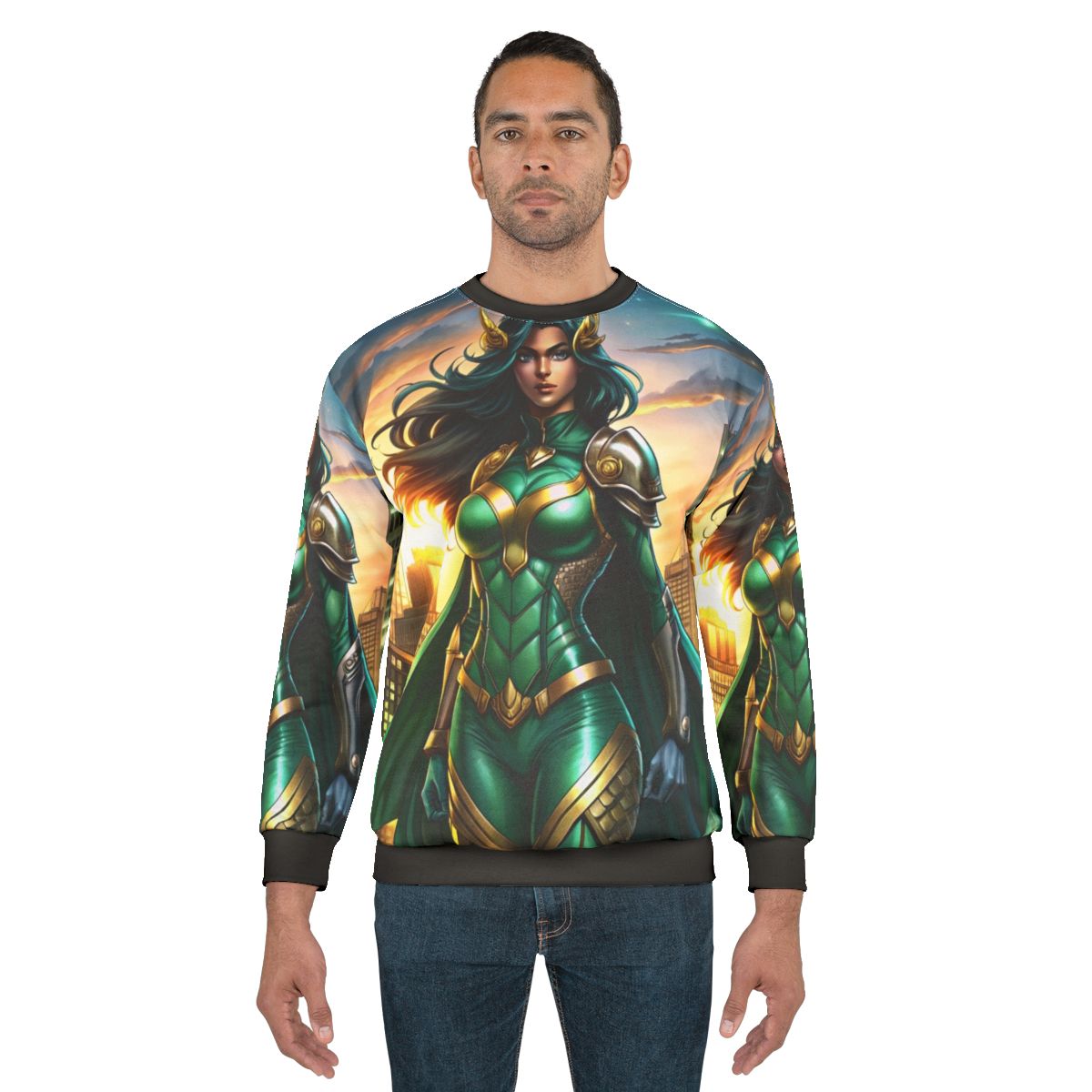 Empowered superhero woman in emerald armor standing in front of city skyline