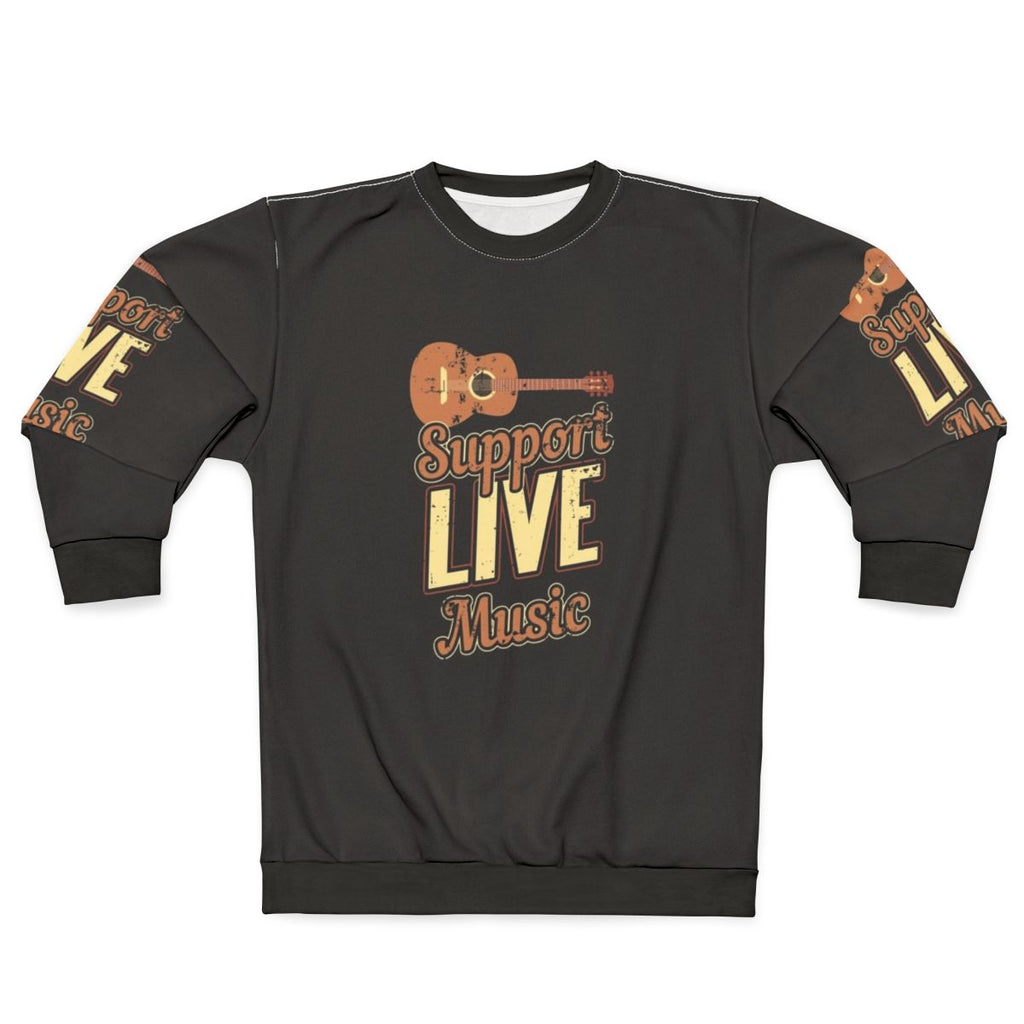 Live music lover wearing a retro-style sweatshirt with an indie band design