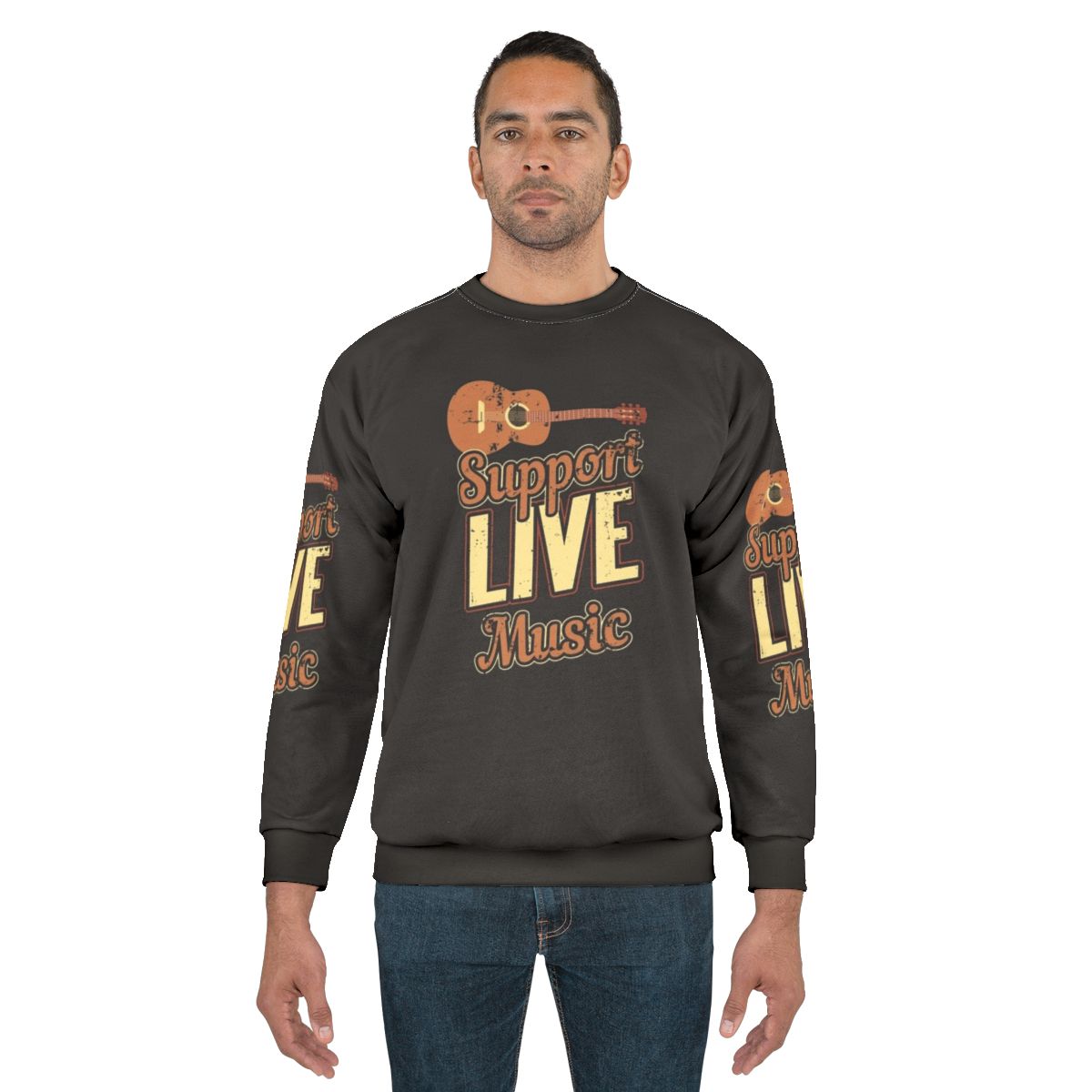 Live music lover wearing a retro-style sweatshirt with an indie band design