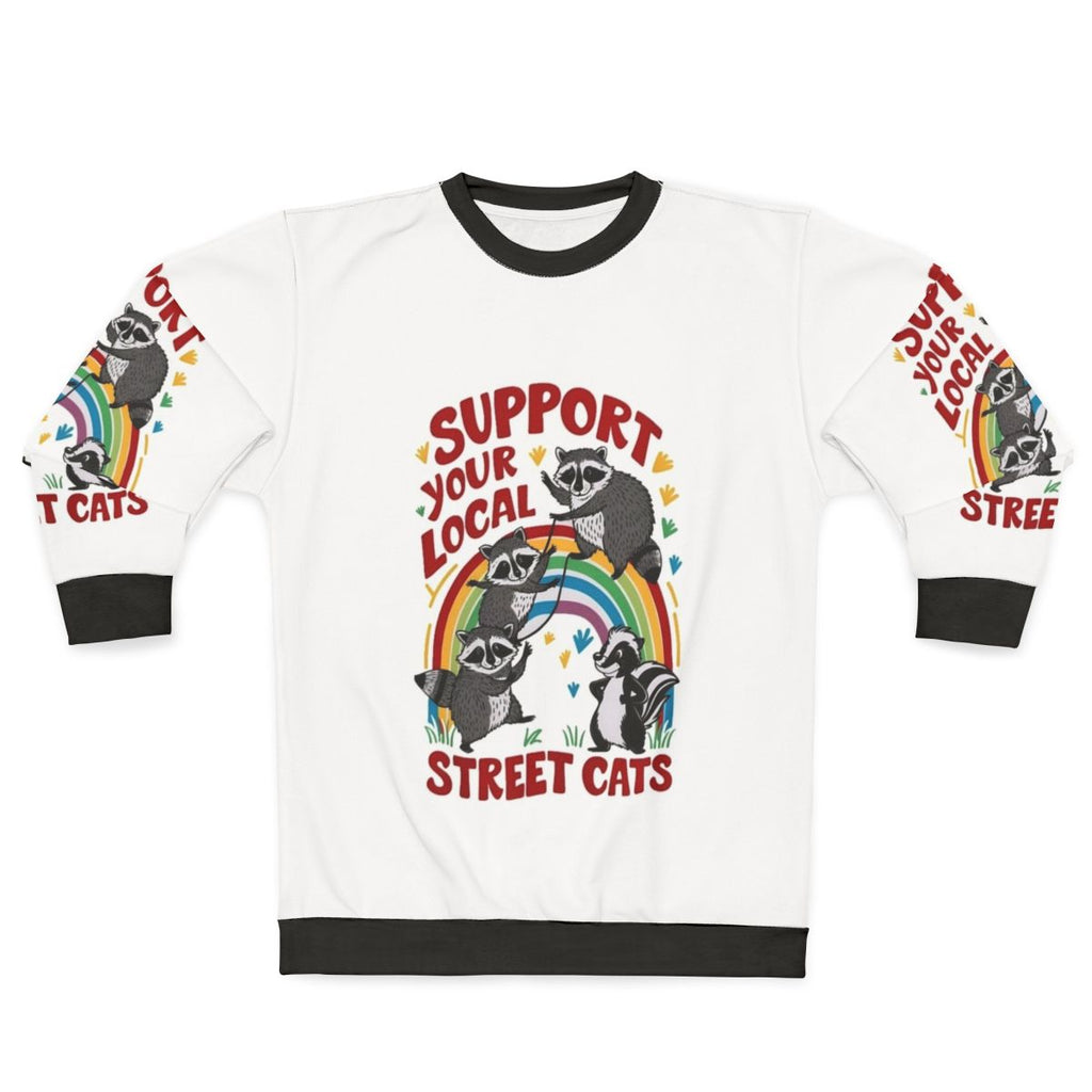Retro cat sweatshirt with the text "Support Your Local Street Cats"
