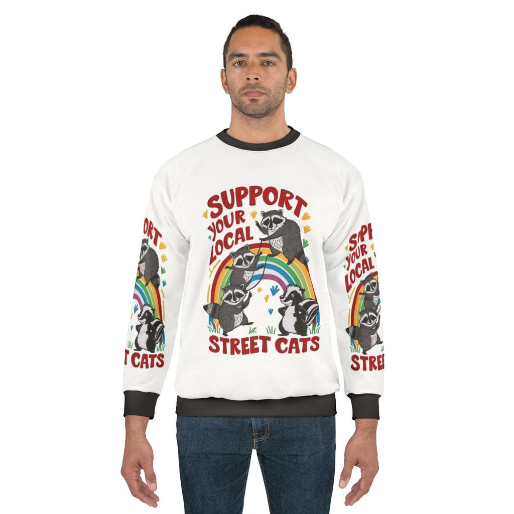 Retro cat sweatshirt with the text "Support Your Local Street Cats"