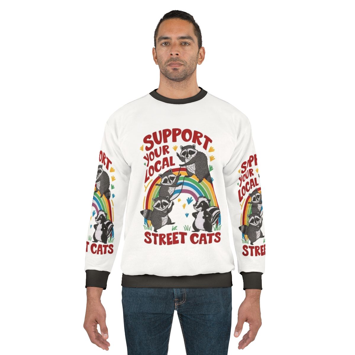 Retro cat sweatshirt with the text "Support Your Local Street Cats"