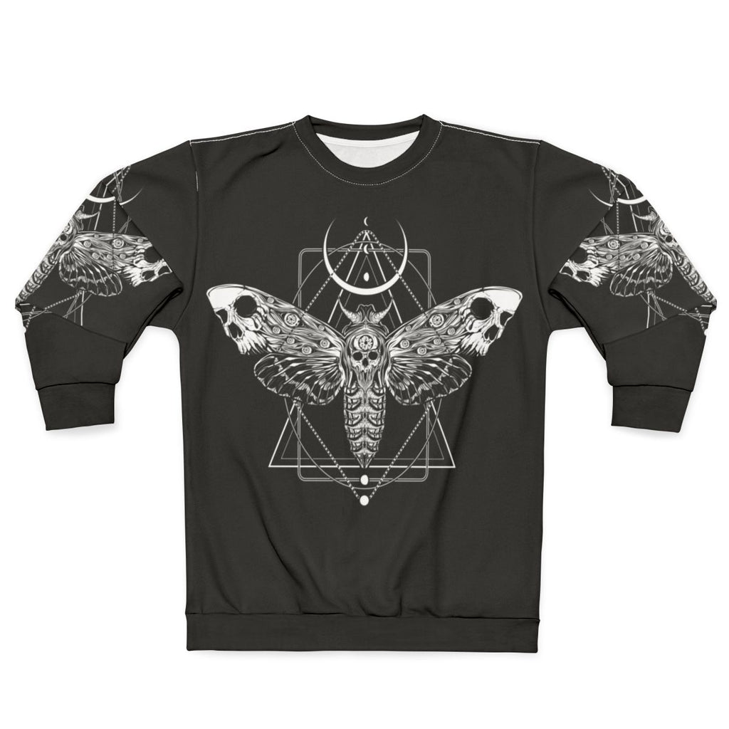 Surreal death moth graphic on a black sweatshirt