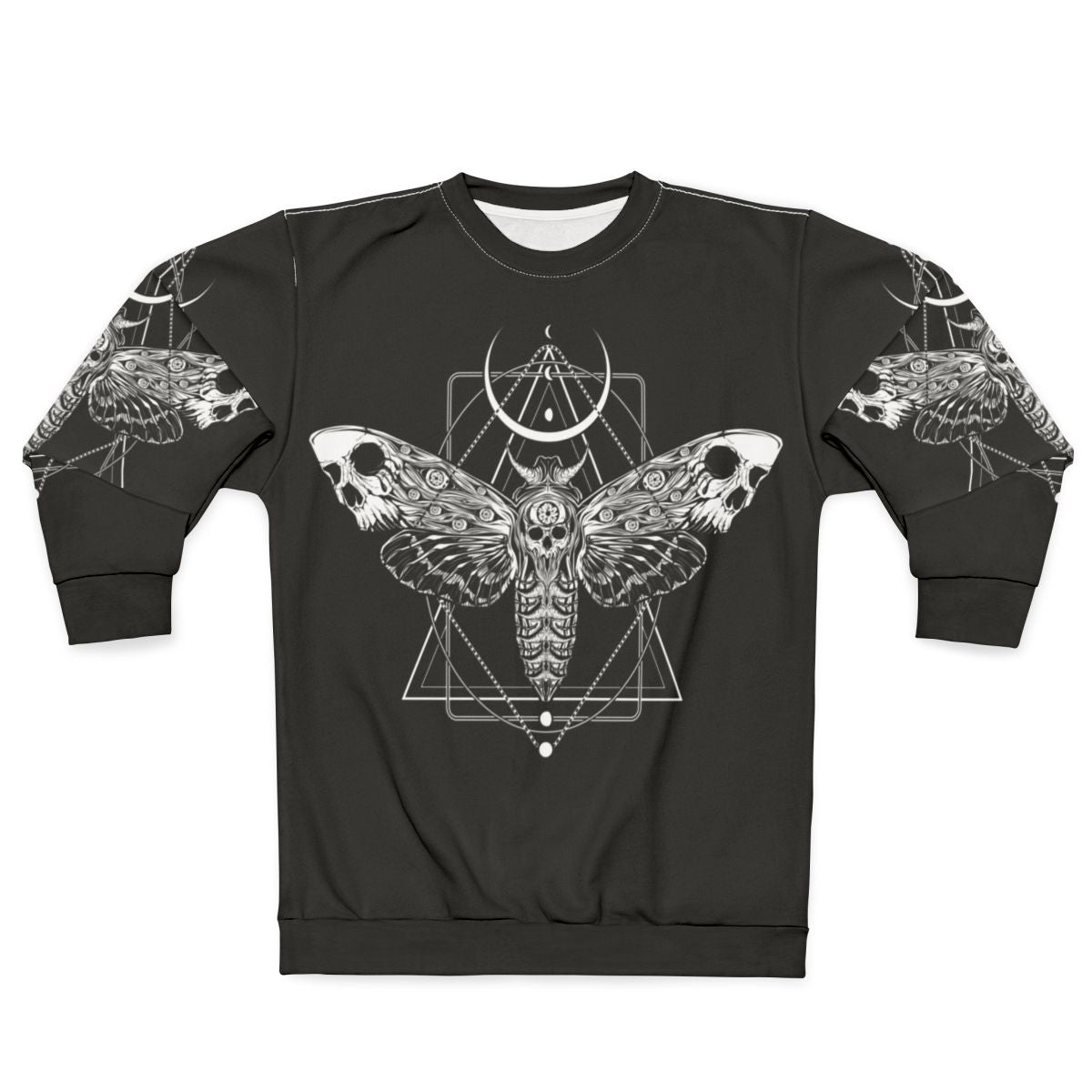 Surreal death moth graphic on a black sweatshirt