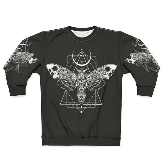 Surreal death moth graphic on a black sweatshirt
