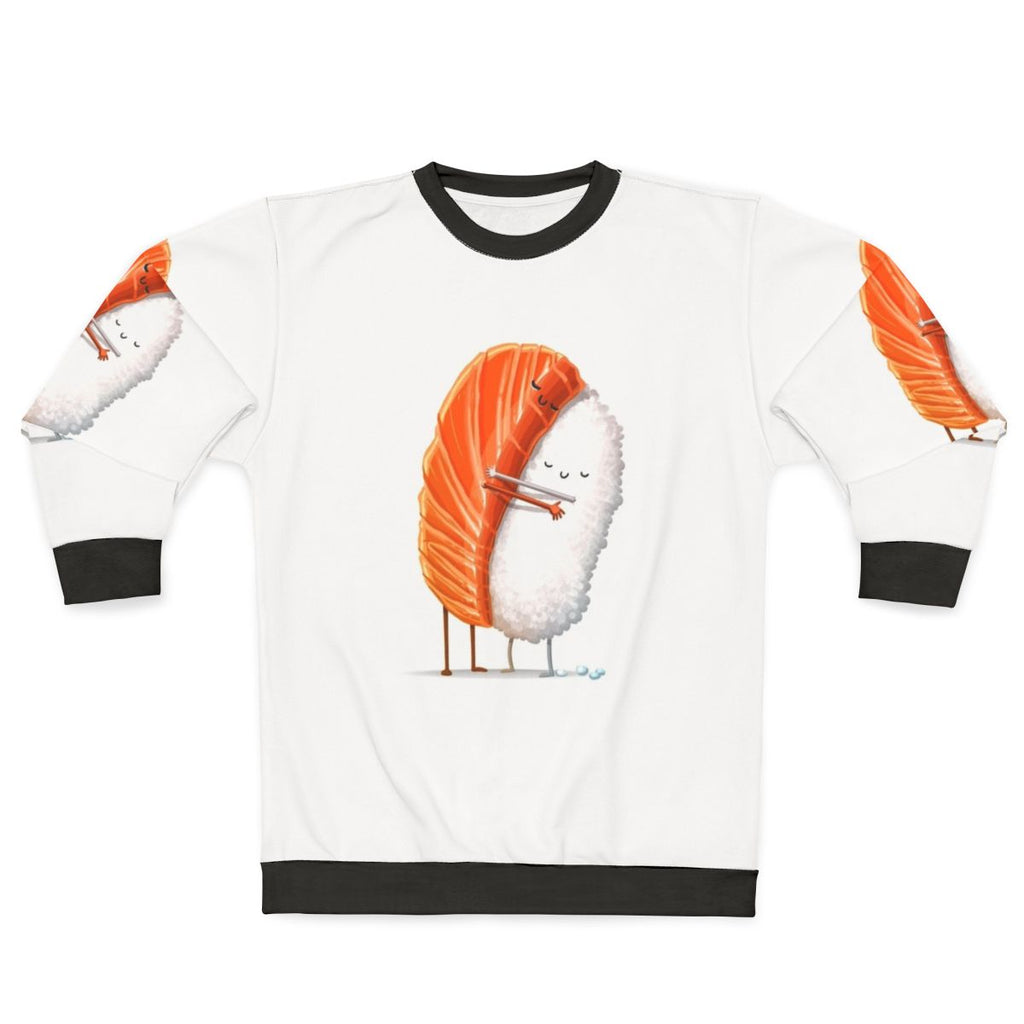 Sushi-themed sweatshirt with a hugging design