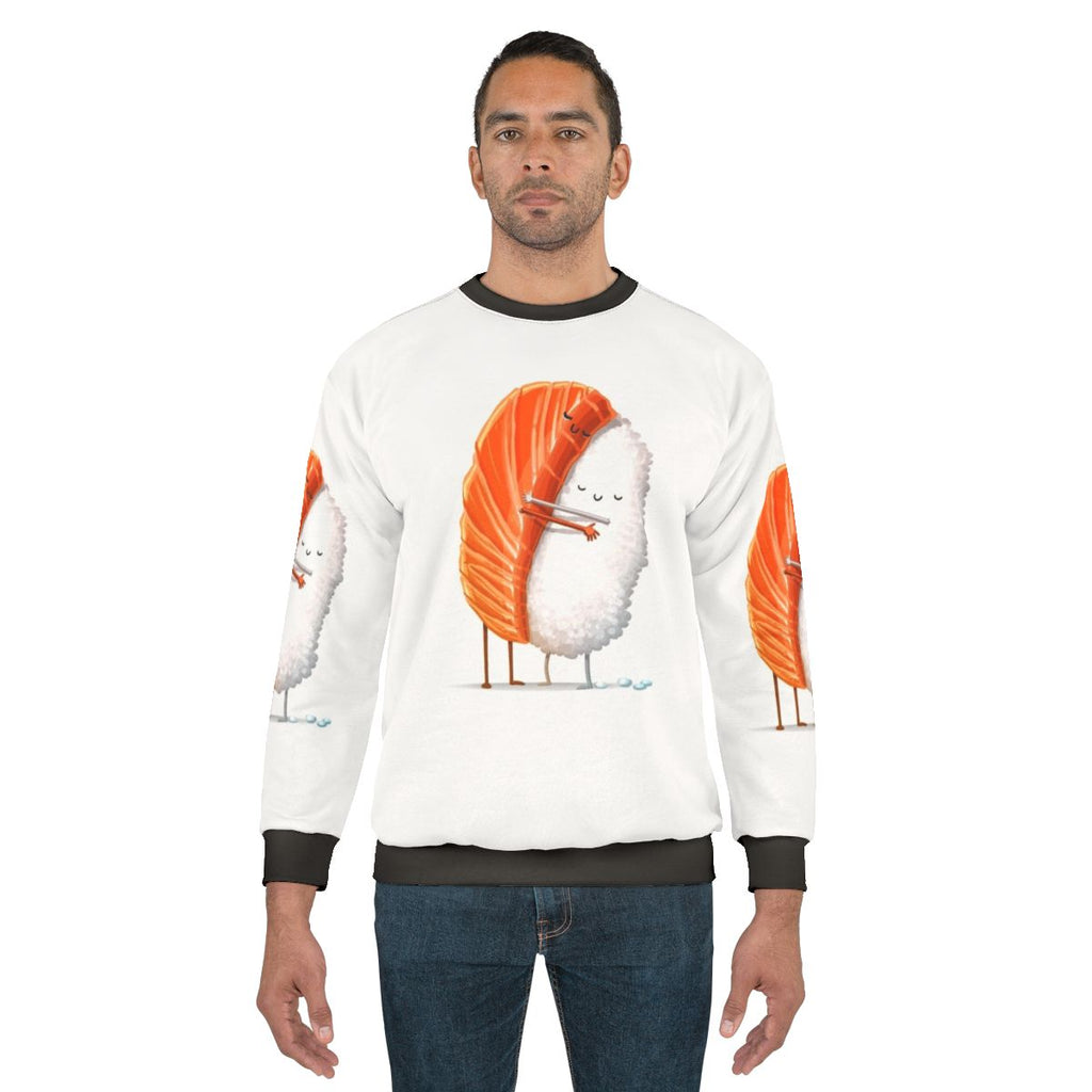 Sushi-themed sweatshirt with a hugging design