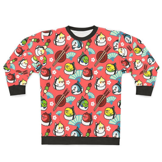 Colorful sushi time sweatshirt with Cody the lovebird