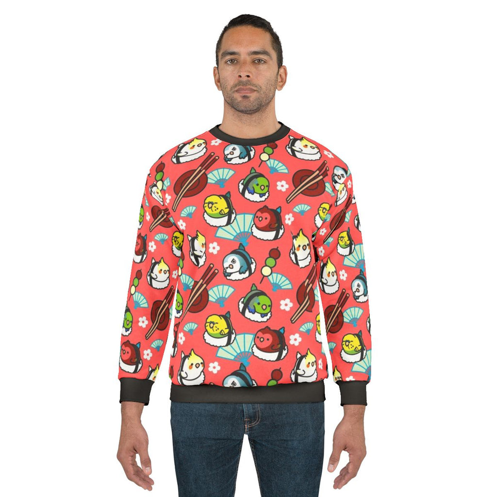 Colorful sushi time sweatshirt with Cody the lovebird