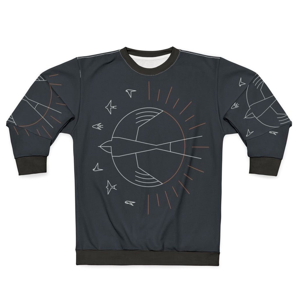 Minimalist sweatshirt with swallow bird and sun rays design