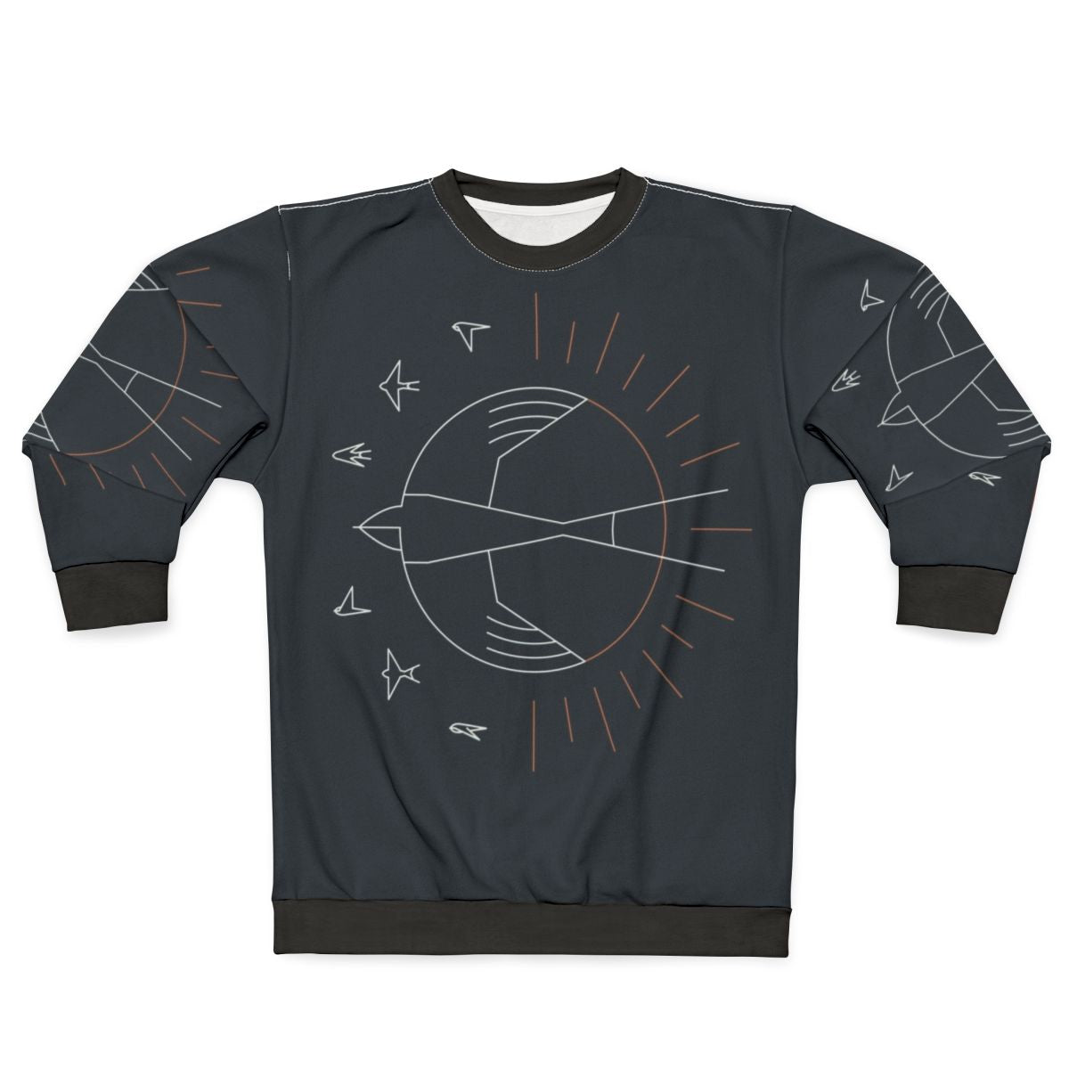 Minimalist sweatshirt with swallow bird and sun rays design