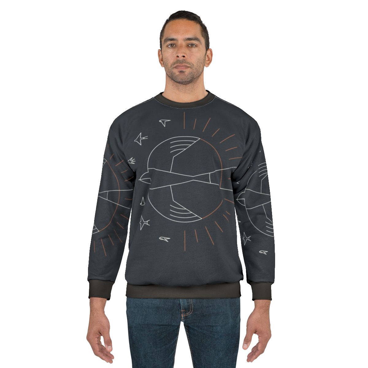 Minimalist sweatshirt with swallow bird and sun rays design