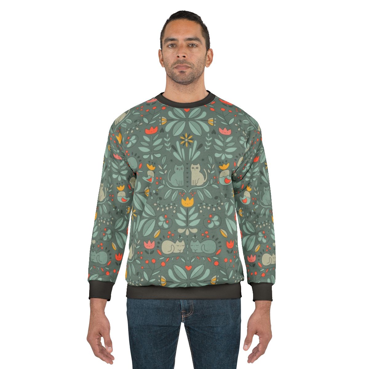 Swedish Folk Cats Sweatshirt with Colorful Kawaii Cat Design