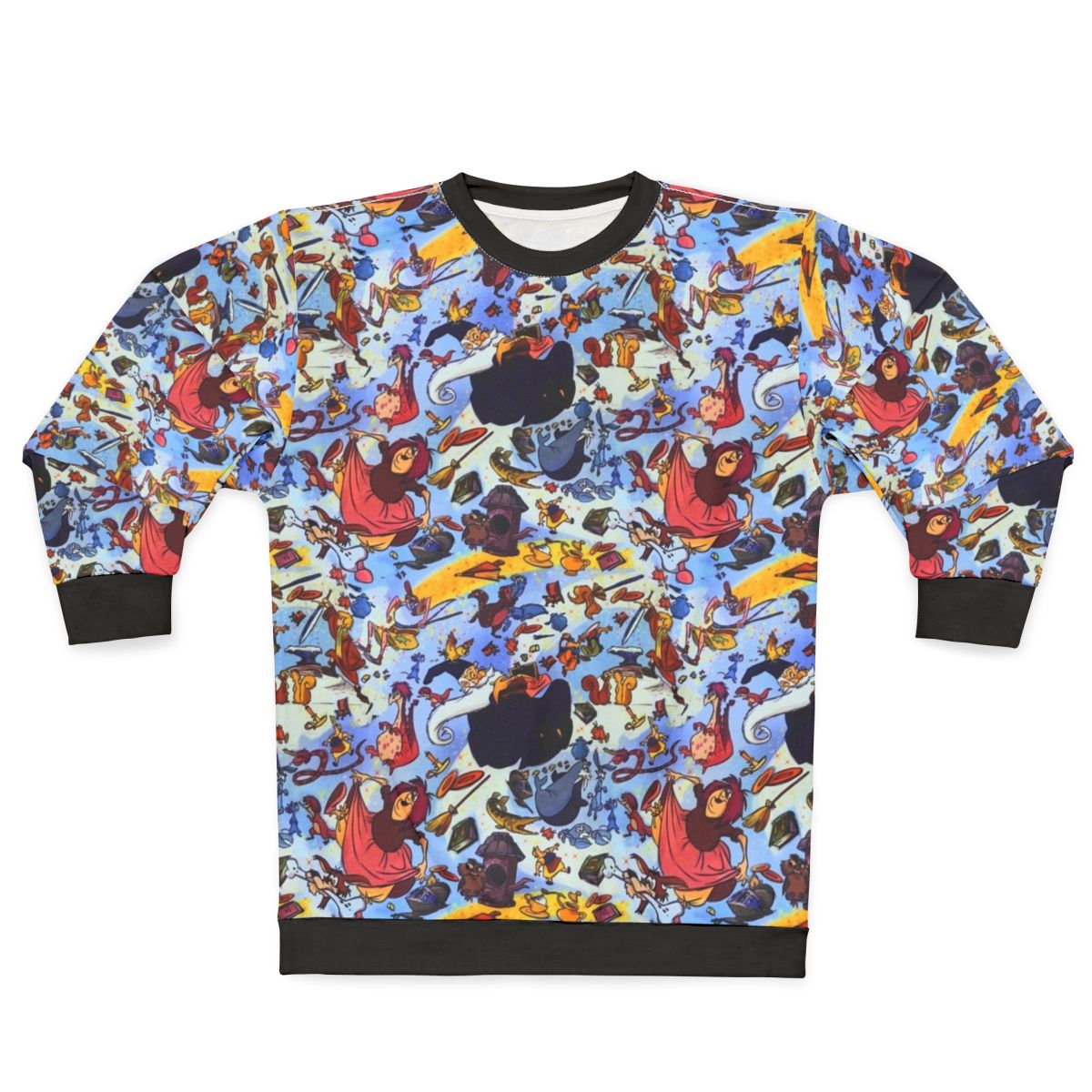 A sweatshirt featuring an illustration of the sword in the stone from the Disney movie The Sword in the Stone.