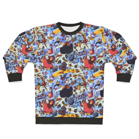 A sweatshirt featuring an illustration of the sword in the stone from the Disney movie The Sword in the Stone.