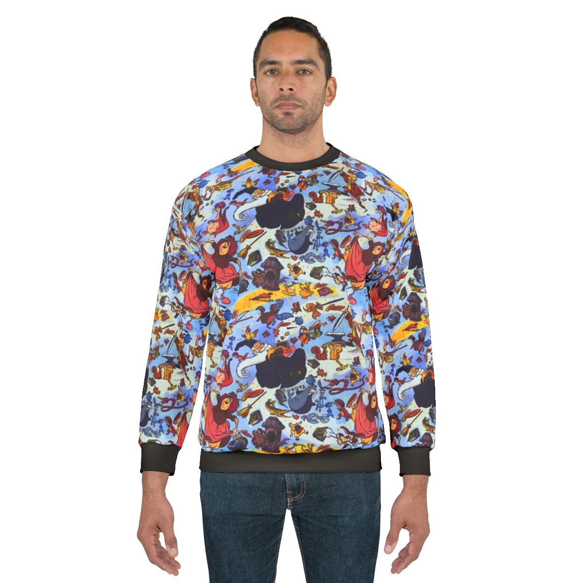 A sweatshirt featuring an illustration of the sword in the stone from the Disney movie The Sword in the Stone.