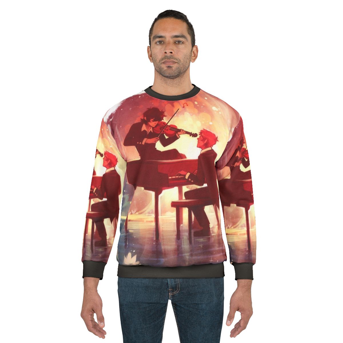 Symphony-inspired sweatshirt with piano keys and ocean design