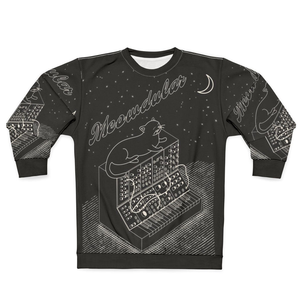 Analog modular synth sweatshirt with a synthesizer cat design