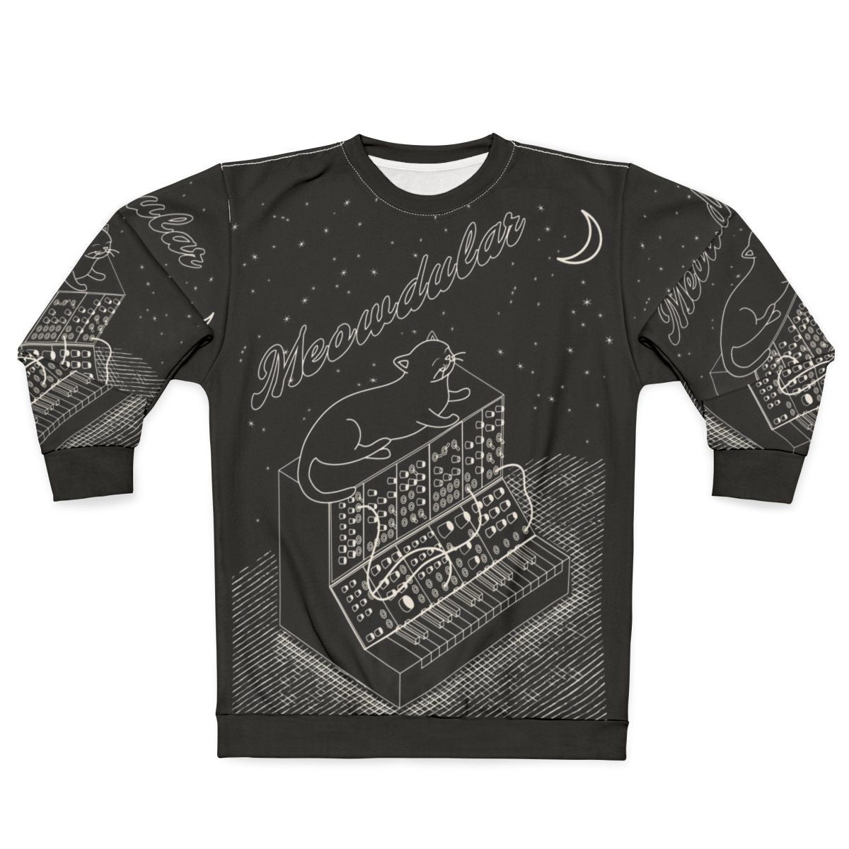 Analog modular synth sweatshirt with a synthesizer cat design