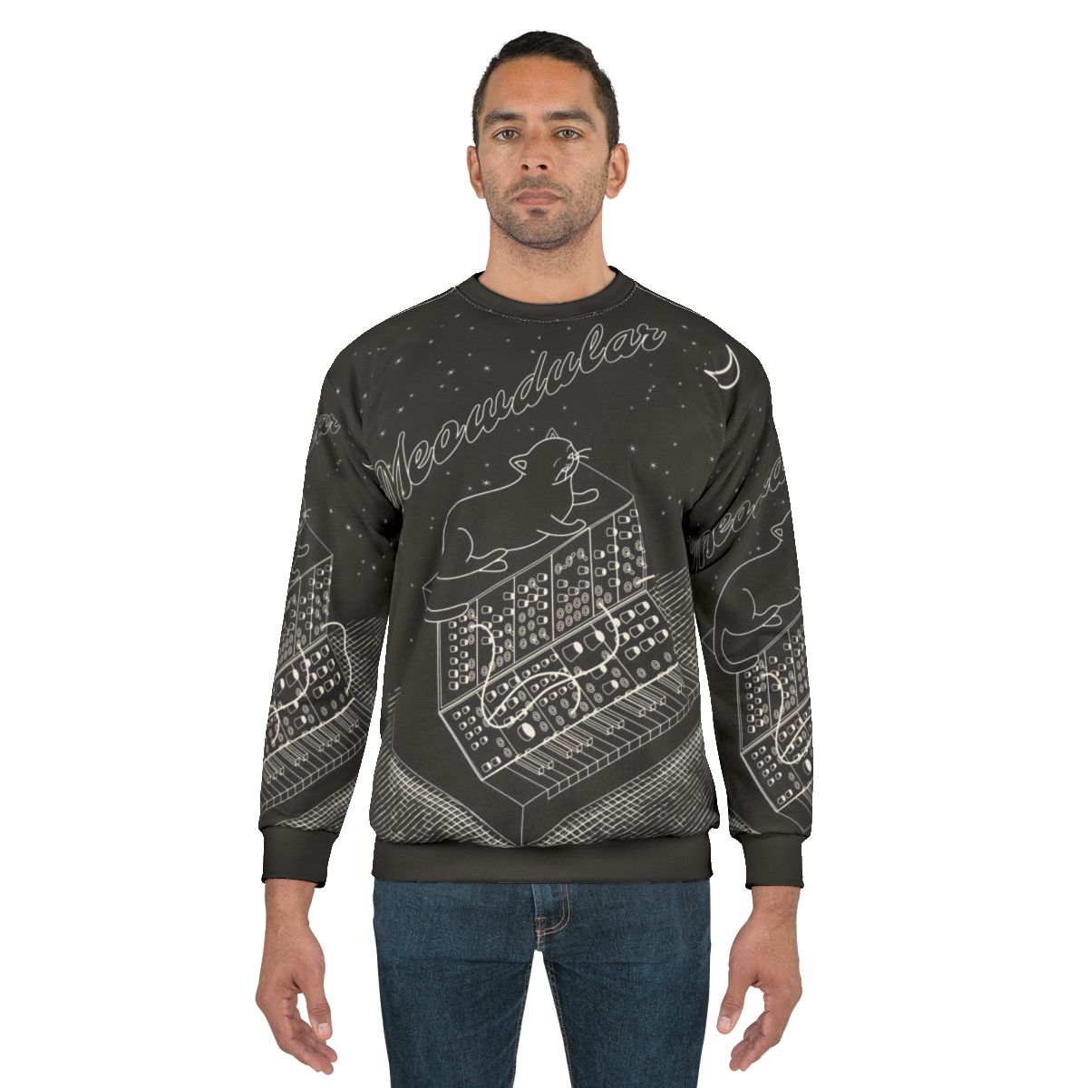 Analog modular synth sweatshirt with a synthesizer cat design