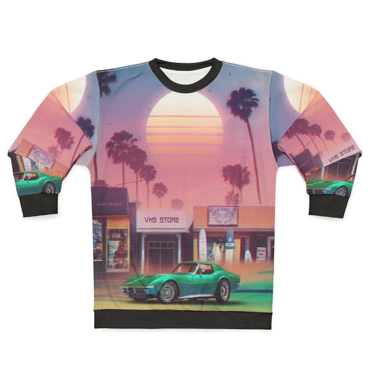 Retro synthwave sweatshirt with sunset and palm trees design