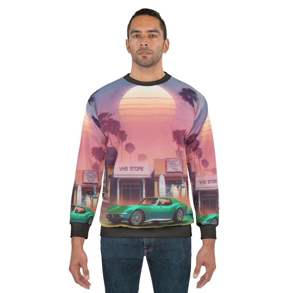 Retro synthwave sweatshirt with sunset and palm trees design