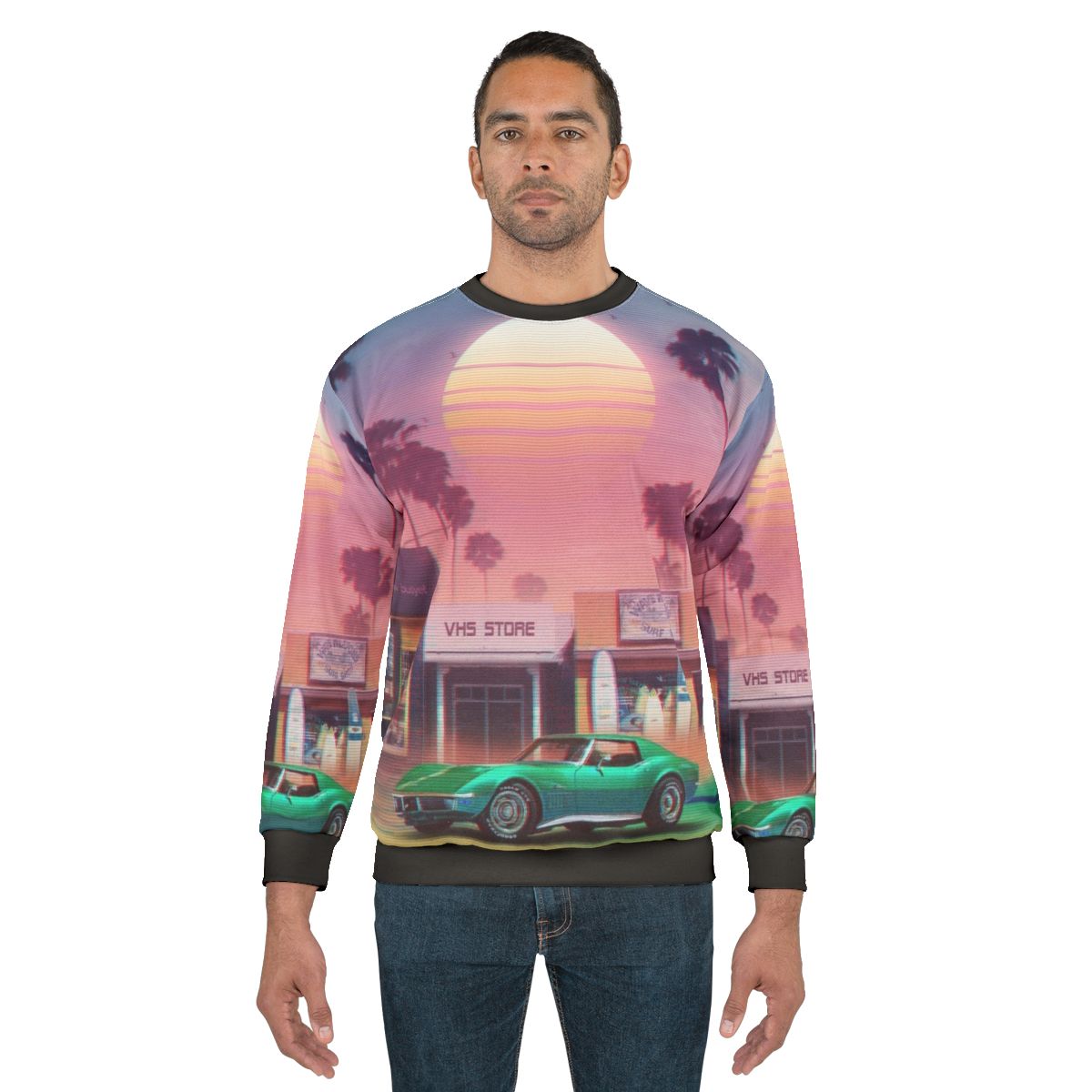 Retro synthwave sweatshirt with sunset and palm trees design